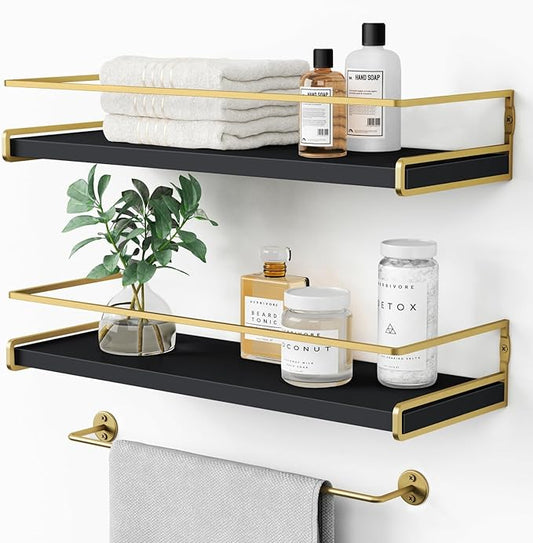 Forbena 2-Pack Black and Gold Contemporary Floating Shelves for Wall, Bathroom, Kitchen, Home Decor (Black and Gold)-NeatNest