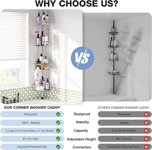 Corner Shower Caddy Tension Pole: Stainless Steel Rustproof 4-Tier Shower Organizer - 47-121 inch Adjustable Bathroom Shelves for Bathtub Shampoo Storage - Tension Rod Floor Standing Bath Rack -Silver-NeatNest