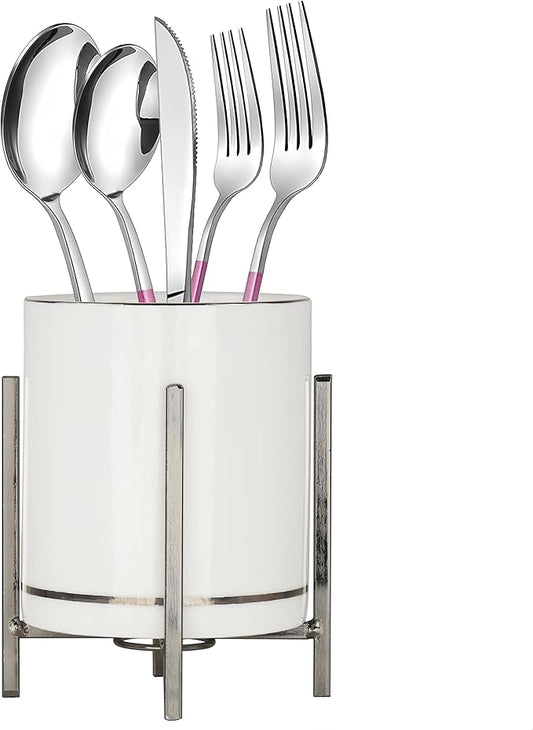 Farmhouse Flatware Holder for Dinner Table, Kitchen Holder for Serving Utensils, Decorative Cutlery Utensil Holder for Kitchen or Parties, Cup with Silver Trim, 1 Pcs-NeatNest