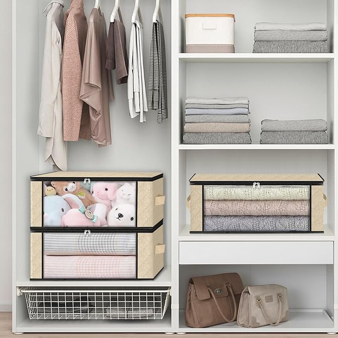HomeHacks Storage 8-Pack Clothes Organizer Storage Bags Foldable Storage Box with Large Clear Window Sturdy Handles for Closet, Dorm, Pillows, Bedding, Clothes, Blankets, 35L, Beige-NeatNest