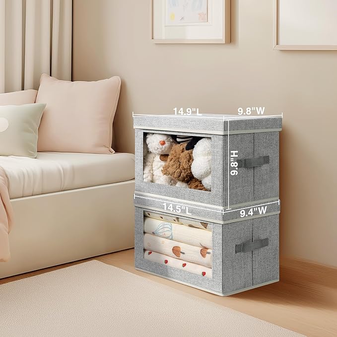 Foldable Storage Bin with Lid - Closet Storage Organizer with Window, Storage Bins with Lids for Clothes, Fabric Storage Baskets for Shelves, Bedroom, Dorm, Light Grey, 4 Pack-NeatNest