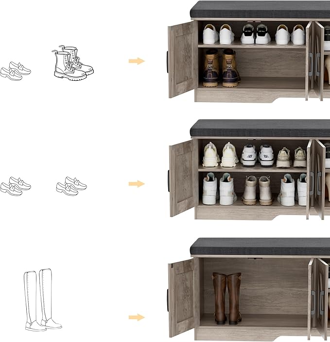 2-Tier Storage Bench, Shoe Bench with Padded Seat Cushion, Entryway Bench with 4 Barn Doors, Adjustable Shelf, 13.8" D x 47.2" W x 17.7" H, for Entryway, Living Room, Bedroom, Greige-NeatNest