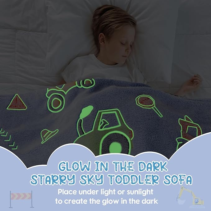 Comfy Toddler Chair and Couch for Kids with Blanket,2-in-1 Soft Plush Fold Out Toddler Couch for Girls and Boys,Convertible Sofa to Lounger for Playroom,Car Excavator-NeatNest