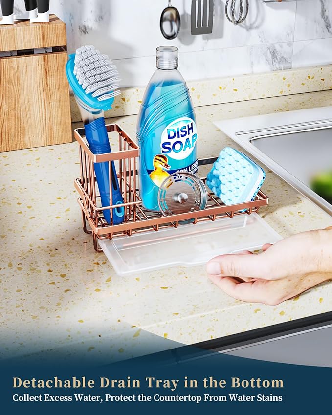 Consumest Sponge Holder for Kitchen Sink - Sink Caddy Kitchen Organizer with Removable Drip Tray for Countertop Dish Soap Dispenser Brush Storage Accessories 304 Stainless Steel, Rose Gold-NeatNest
