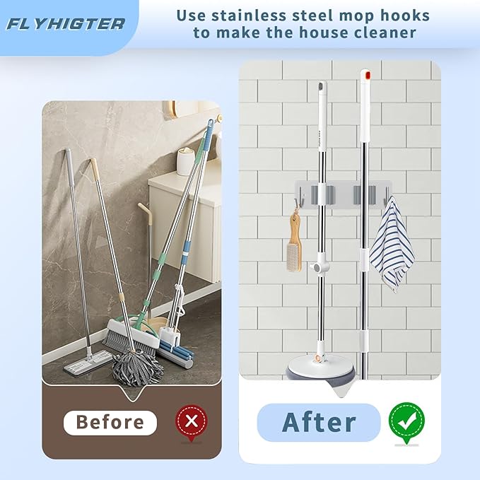 Broom and Mop Holder Wall Mounted, Heavy-Duty Stainless Steel Storage Rack with 2 Racks & 2 Hooks,Broom Organizer for Kitchen,Bathroom,Garage,Garden（SILVER