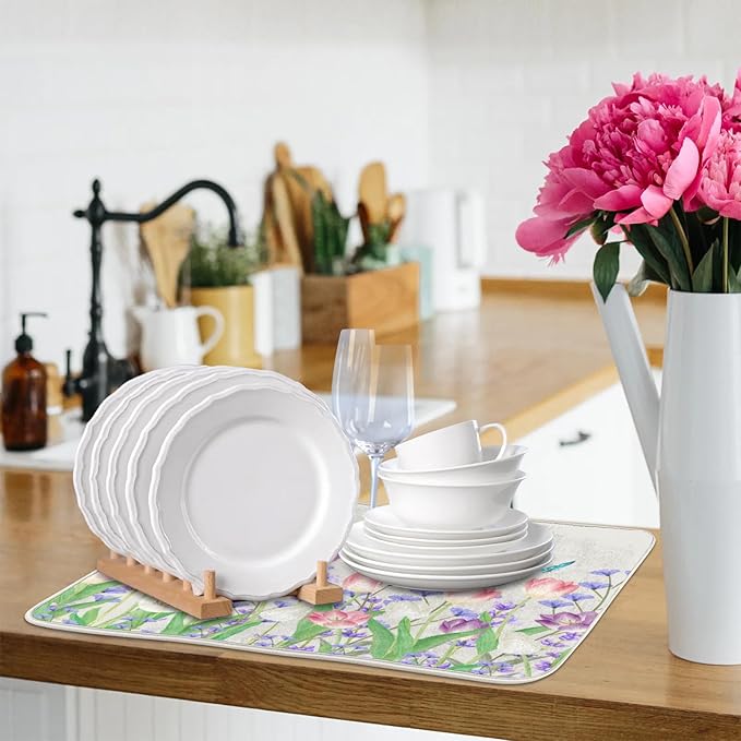 Dish Drying Mat for Kitchen Counter - Absorbent Microfiber Drying Rack Pads Reversible Dish Pad Draining Mats for Countertop Coffee Mats,18x24 inch(Tulip Flower Field)