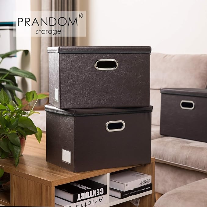 PRANDOM Large Foldable Storage Bins with Lids [3-Pack] Leather Fabric Collapsible Storage Boxes Organizer Containers Baskets Cube with Cover for Home Bedroom Closet Office Brown(17.7x11.8x11.8)-NeatNest