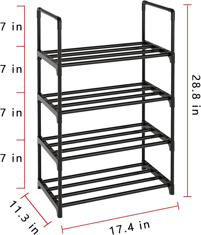 Metal Stackable Small Shoe Rack Organizer, Narrow Shoe Racks for Closets Entryway, Shoe Stand,Shoe Shelf with Handle(4-Tier-Black)-NeatNest