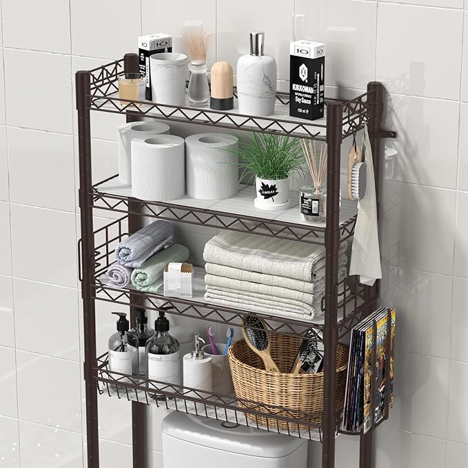 4-Tier Over Toilet Storage Shelf, Bathroom Organizer With Adjustable Freestanding Shelves, Space Saver Rack Above Toilet, Espresso