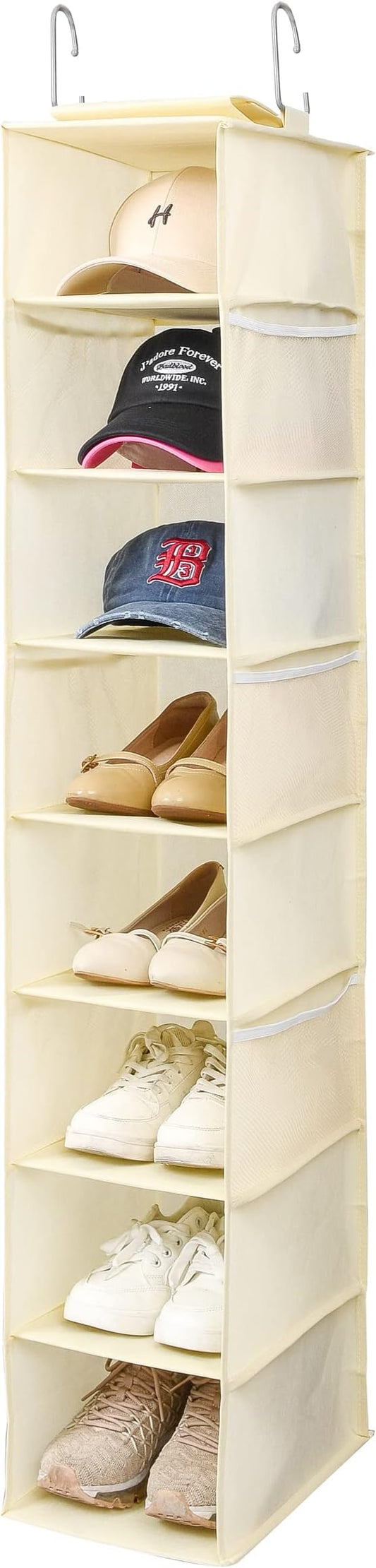 Hanging Shoe Organizer for Closet with Side Mesh Pockets，Hat Racks for Baseball Caps，Shoe and Hat Holder & Storage，8-Shelf，Beige，1 Pack-NeatNest