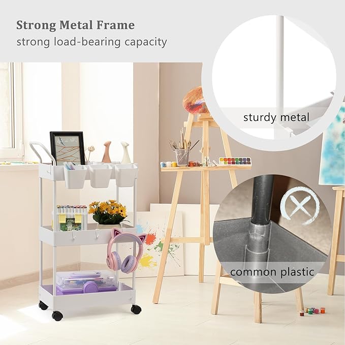 danpinera Storage Cart on Wheels, 3 Tier Slim Laundry with Wheels Bathroom Organizer with Hanging Cups Hooks Dividers Handle Mobile Rolling Art Cart for Bathroom Kitchen Narrow Places, White