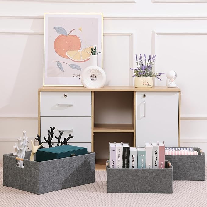 ANMINY 6PCS Storage Baskets for Organizing Collapsible Fabric Storage Bins Boxes with Wood Handles Closet Shelves Cube Organizer Bins Clothes Laundry Storage Container - Small, Gray-NeatNest