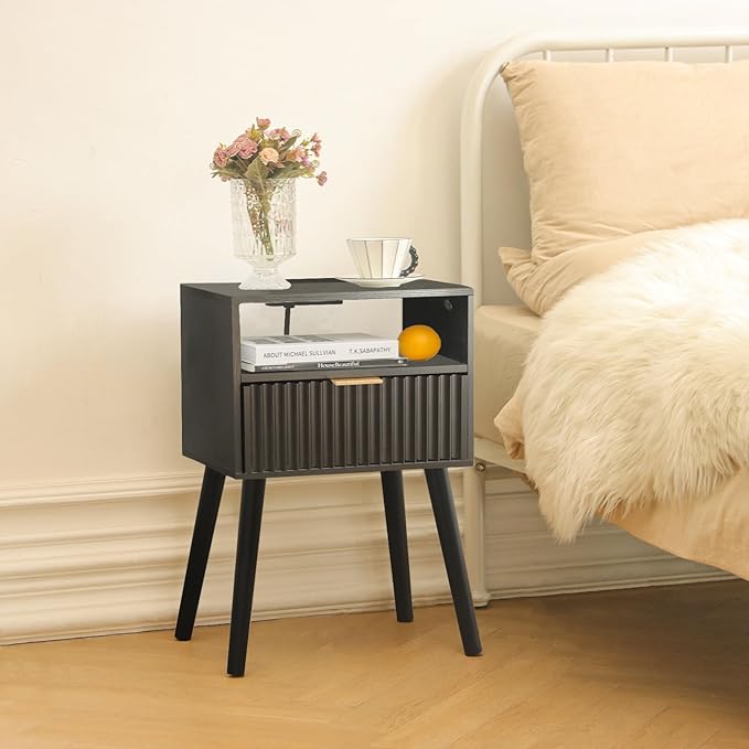 Black Nightstand with Charging Station, Mid Cetury Modern Nightstand with Drawers, Fluted End Side Table with Solid Wood for Bedroom, Dorm and Small Space (Black)-NeatNest