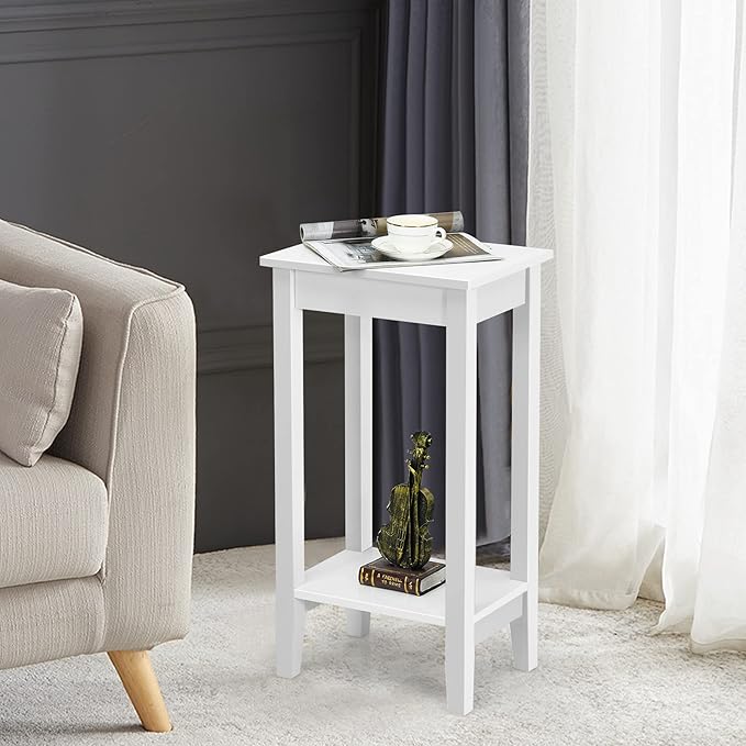 Giantex 2-Tier End Table Tall Set of 2 Nightstand, Simple Design Sofa Bedside Table with Versatile Shelf and Wooden Legs for Small Spaces, Living Room, Study, Bedroom, Narrow Telephone Table, White