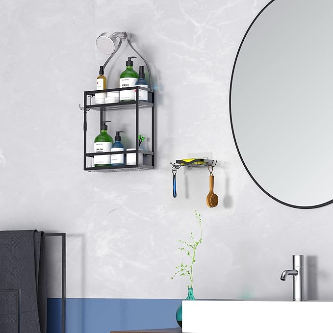 Meangood Shower Caddy Organizer with Soap Holder,Mounting Over Shower Head Or Door,Extra Wide Space for Shampoo, Conditioner, and Soap with Hooks for Razorsand More, Matte Black