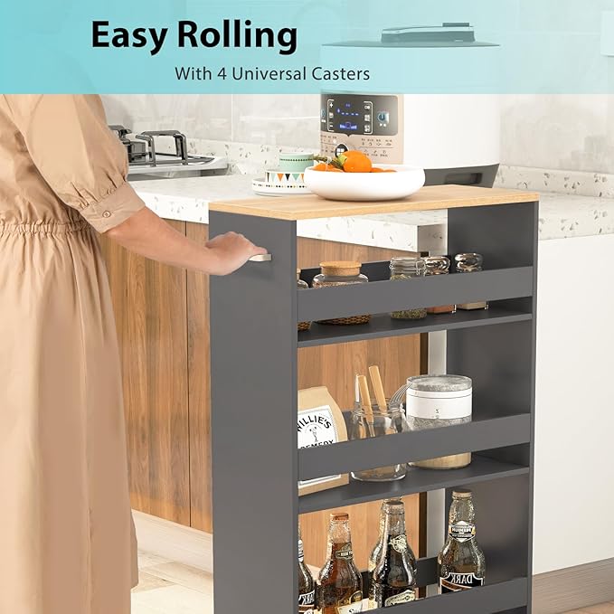 POWERSTONE 4-Tier Slim Storage Cart, Narrow Kitchen Rolling Cart w/Handle & Open Shelves, Skinny Slide Out Utility Organizer Trolley for Kitchen Bathroom Laundry Small Spaces Grey & Natural