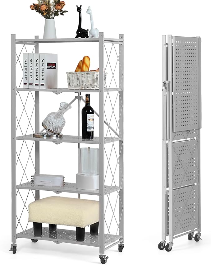 BRIAN & DANY 5-Tier Foldable Storage Shelves with Wheels, Folding Metal Rack Shelving Unit, Heavy Duty No Assembly Organizer Shelf for Garage, Kitchen, Basement, Pantry, Gray-NeatNest
