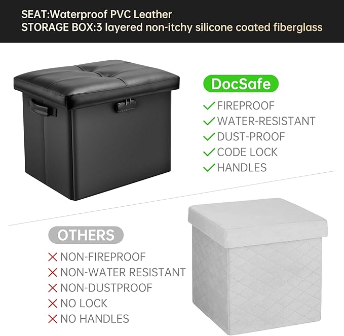 DocSafe Storage Ottoman with Lock,Fireproof Folding Ottoman Foot Rest Stool Storage Chest with Storage Safe for Important Documents,Waterproof 17 Inches Short Ottoman Foot Stool with Handles,Black-NeatNest