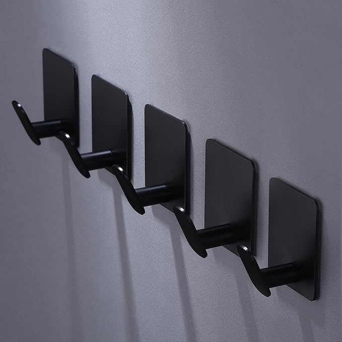 DELITON 8 Pack Adhesive Towel Hooks - Bathroom Towel Hooks/Wall Hooks for Hanging Coat Robe Stick on Bathroom or Kitchen Matte Black Stainless Steel-NeatNest