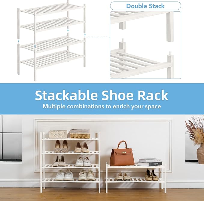 2 Tier Bamboo Shoe Rack Storage Organizer for Closet, Multifunctional Stackable Free Standing Shoe Shelf Organizer for Small Space,Entryway, Hallway, Bathroom27 x11 x13 (White, 2 Tier)-NeatNest