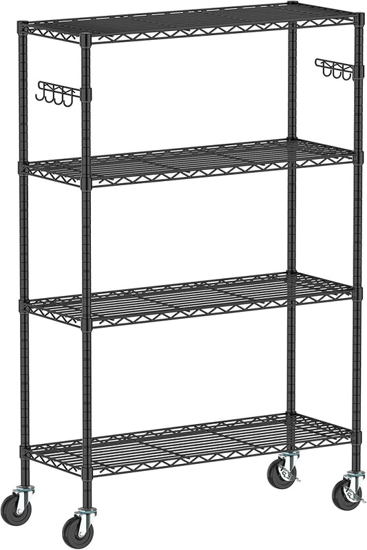 4-Tier Storage Shelving Unit with Wheels, Metal Rolling Storage Shelves Adjustable Layer Steel Rack Shelf, Wire Shelving Storage for Kitchen Garage Pantry Office, Black (14D x 36W x 57H)