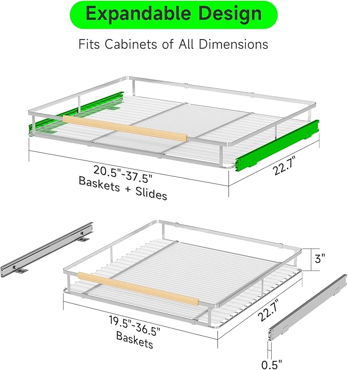 Expandable Pull Out Drawers for Cabinets, Kitchen Cabinet Slide Out Shelves, Adjustable Roll Out Drawers, X-Large 2 Pack-NeatNest