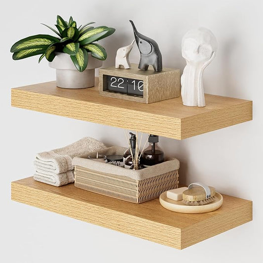 Heimlove 12" Deep Floating Shelves for Wall, 24 Inch Wall Shelf Bathroom Shelves Set of 2, Wall Mounted Shelves for Books Living Room Laundry Room Bedroom Kitchen Home Office, Oak-NeatNest