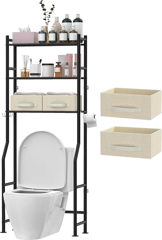 3 Tier Over The Toilet Storage Rack with 2 Basket, Metal Freestanding Bathroom Shelves Toilet with Paper Holder and 4 Hooks, Over Toilet Storage Shelf for Bathroom Storage, Black-NeatNest