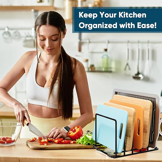 2-Pack Cutting Board Organizer, 5-Slot Steel Kitchen Storage Rack for Cutting Boards, Baking Trays, and Thin Pans - Compact Clutter-Free Solution