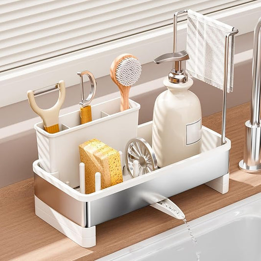 Sponge Holder for Kitchen Sink,Sink Caddy Organizer with Removable Brush Holder,Kitchen Countertop Soap Dispenser Storage with Detachable Towel Rack,White-NeatNest