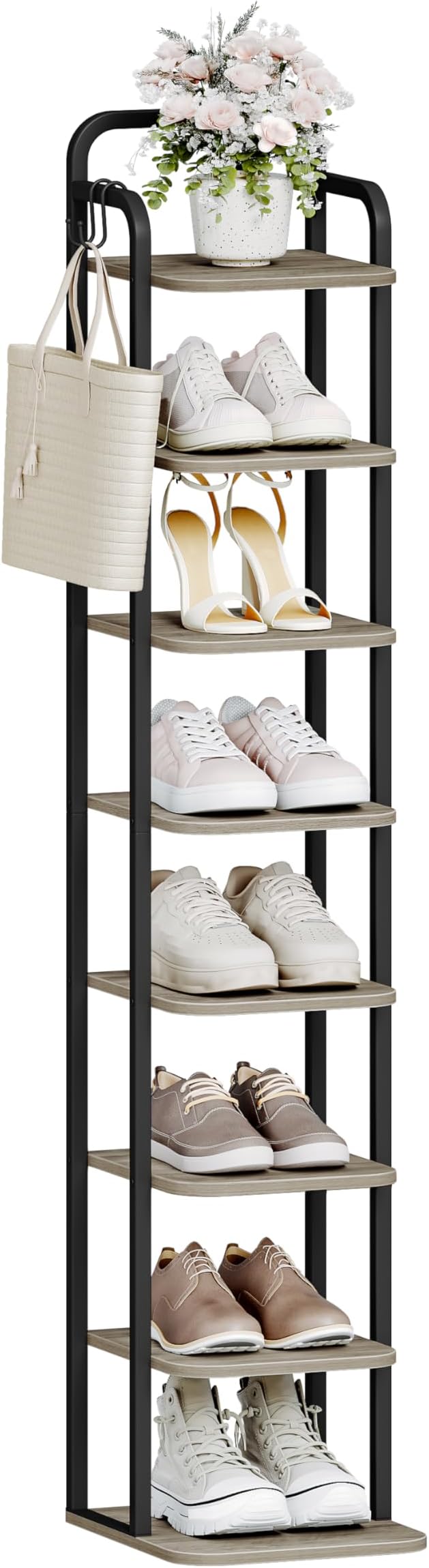 8 Tiers Vertical Shoe Rack, Narrow Shoe Tower, Tall Shoes Shelf with 2 Hooks, Adjustable Shelves, Corner Shoes Shelves for Small Spaces, Entryway, Living Room, Greige SR04305B-NeatNest