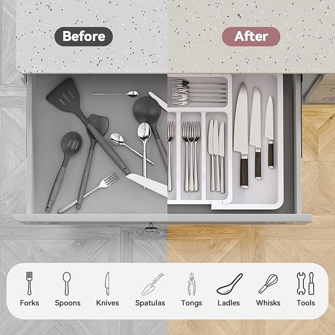 2 Pack Silverware Organizer, Expandable and Adjustable Kitchen Utensil Drawer Organizer, Plastic Cutlery Holder with Multiple Compartments,Cutlery Holder,for Spoons Forks Knives,White,UAFD012W-NeatNest