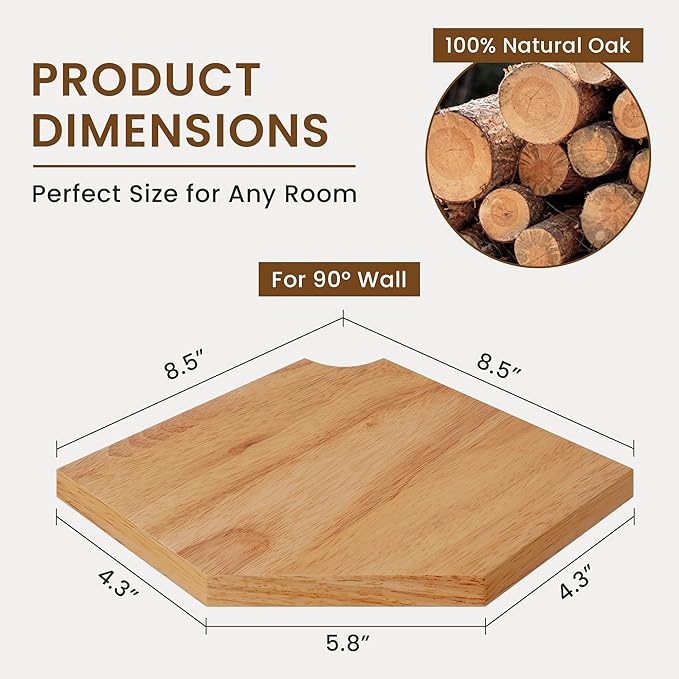 Fun Memories Corner Shelf Wall Mount, Solid Oak Wood Floating Corner Shelves with Cable Hole, 8.5in Rustic Design for Bedroom, Bathroom, Kitchen, Living Room (Natural, 1 Pack)-NeatNest