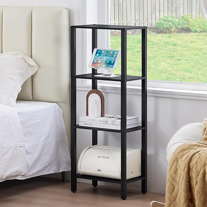 4 Tier Tall Wooden Bookshelf with Storage - Small Bookcase for Small Spaces, Shelf for Living Room, Office, Bedroom, Kitchen - Industrial Modern Black Book Shelf