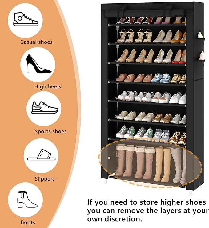 Laiensia 9-Tier Vertical Shoe Rack Organizer, Space Saving Shoe Storage Organizer, Non-Woven Cover Shoe Shelf Holds 36-45 Pairs for Bedroom, Hallway, Closet Entryway, Black-NeatNest
