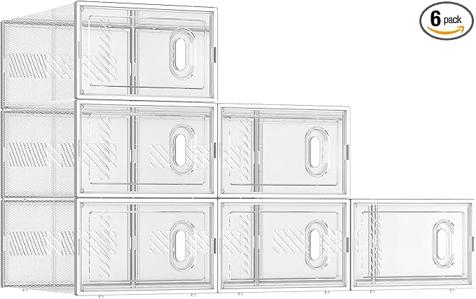 BALEINE 6 Pack Stackable Shoe Storage Boxes Fit Size 9, Thickened Clear Shoe Box Bins with Lids, Plastic Foldable Shoe Rack Organizer Sneaker Storage Containers (Large, White)-NeatNest