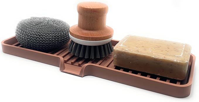 Happitasa Silicone Soap Dish Tray and Sponge Holder with Drain Chute | Bathroom and Kitchen Sink Organizer Caddy (Mocha, 12"x4", 7.4 Ounces)-NeatNest