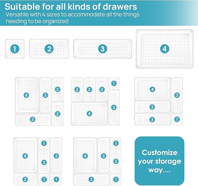 Vtopmart 25 PCS Clear Plastic Drawer Organizers Set, 4-Size Versatile Bathroom and Vanity Drawer Organizer Trays, Storage Bins for Makeup, Bedroom, Kitchen Gadgets Utensils and Office-NeatNest