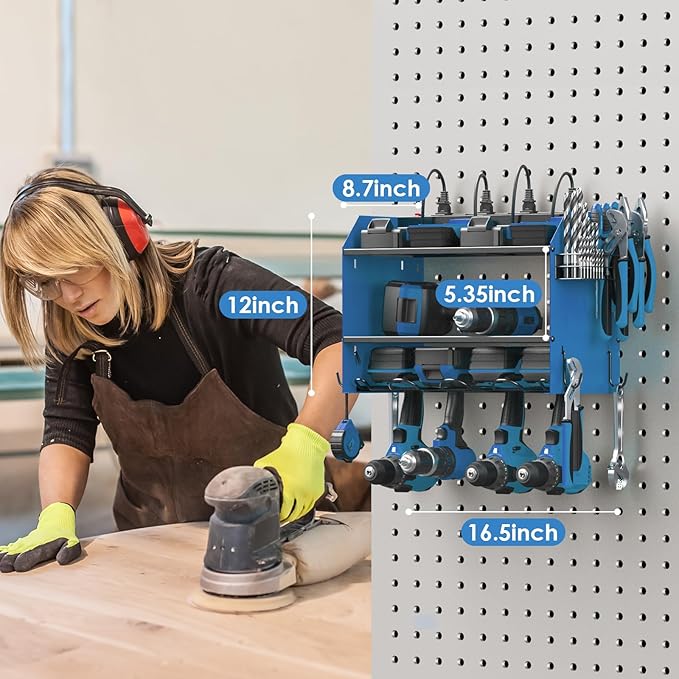CCCEI Modular Power Tool Organizer Wall Mount with Charging Station. Garage 4 Drill Storage Shelf with Hooks, Screwdriver, Drill Bit Heavy Duty Rack, Tool Battery Holder Built in 8 Outlet Power Strip.-NeatNest