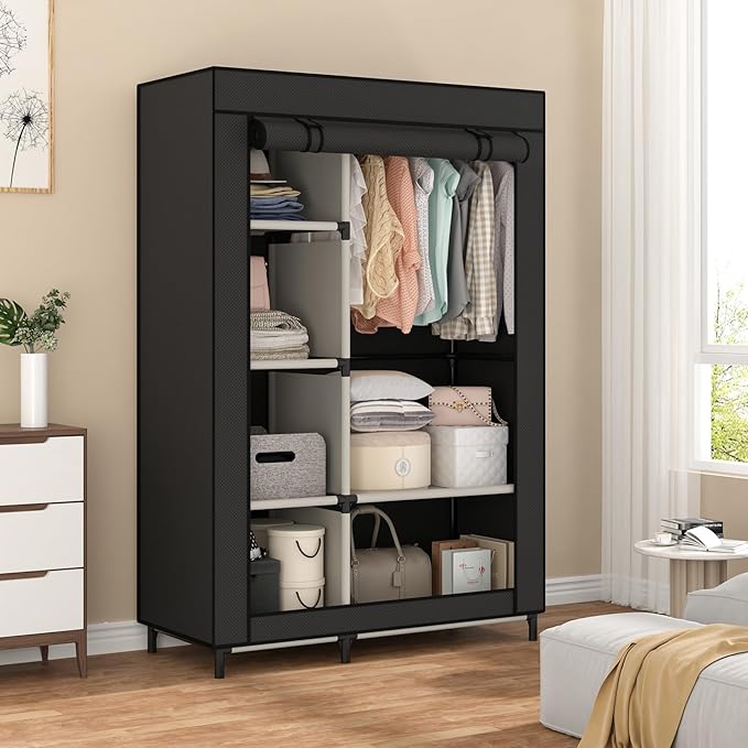 Calmootey Portable Closet Organizers, Clothing Storage, Wardrobe with 6 Shelves and Hanging Rod, Non-Woven Fabric Cover with 4 Side Pockets, Black-NeatNest
