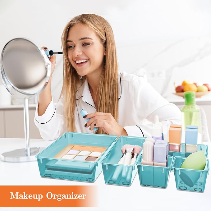 25 PCS Plastic Drawer Organizer Set, 4-Size Versatile Organizer Trays & storage Bins for Makeup, Jewelry, and Gadgets in Bathroom, Bedroom and Office, Sea Blue-NeatNest