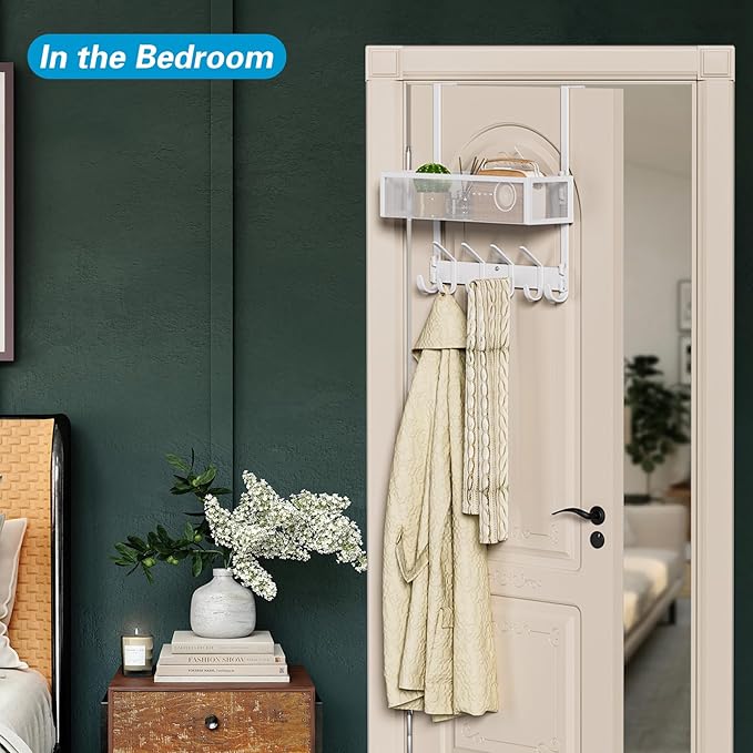 Over The Door Hooks Organizer, Over The Door Towel Rack with Mesh Basket, 10 Coat Hooks and 2 Wreath Hangers, Bathroom Door Organizer Back of Door Hanger for Bedroom, Kitchen(White)