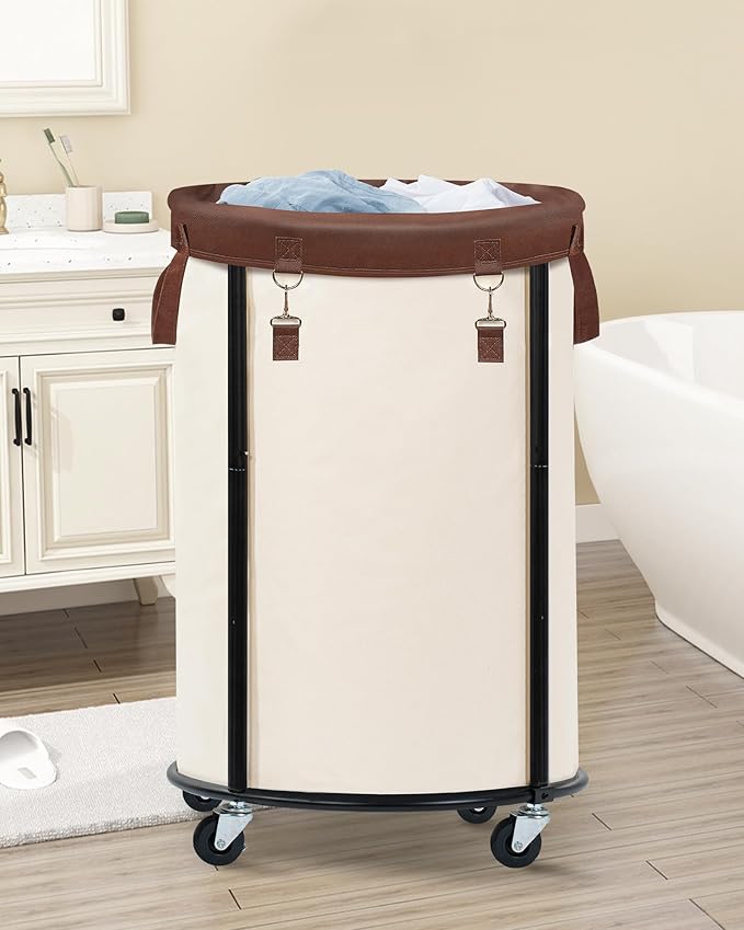 STORAGE MANIAC Rolling Laundry Hamper with Wheels 110L Laundry Basket, Round Laundry Cart with Metal Frame and Removable Bag, Clothes Hamper for Bedroom, Bathroom, Dorm Room, Laundry Room, Beige
