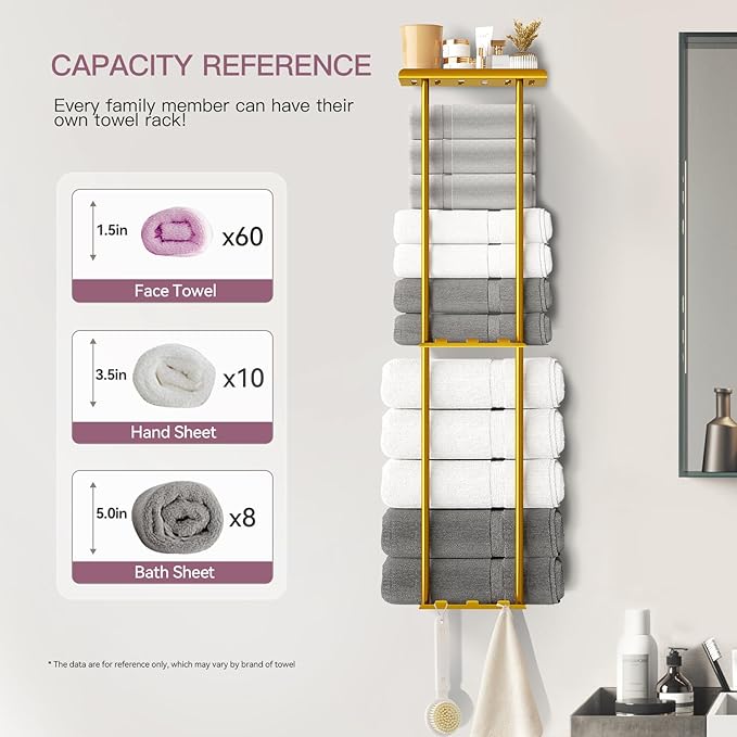 Towel Racks for Bathroom, 36.6 inch Metal Towel Storage, 8 Large Bath Towels Capacity, 3-Tier Towel Holder for Bathroom, with Shelf & 6 Hooks, Wall Mounted Towel Rack for Rolled Towels, Gold