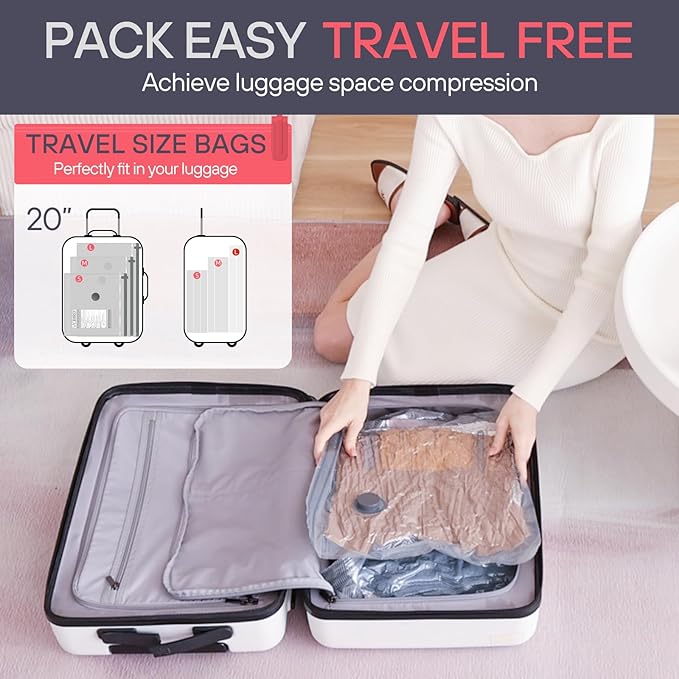 VMstr Travel Vacuum Storage Bags with Electric Pump (D/C Powered), 12 Pack Space-Saving Compression Bags for Clothes and Luggage Packing, Carry-on Travel Size-NeatNest