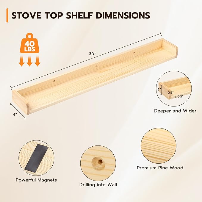 Fun Memories Stove Top Shelf, 30" Magnetic Shelf for Kitchen Stove, Pine Wood Stove Shelf, Wall Mounted Shelf for Home Storage Organization, Heat and Pressure Resistant, 1pcs, Natural