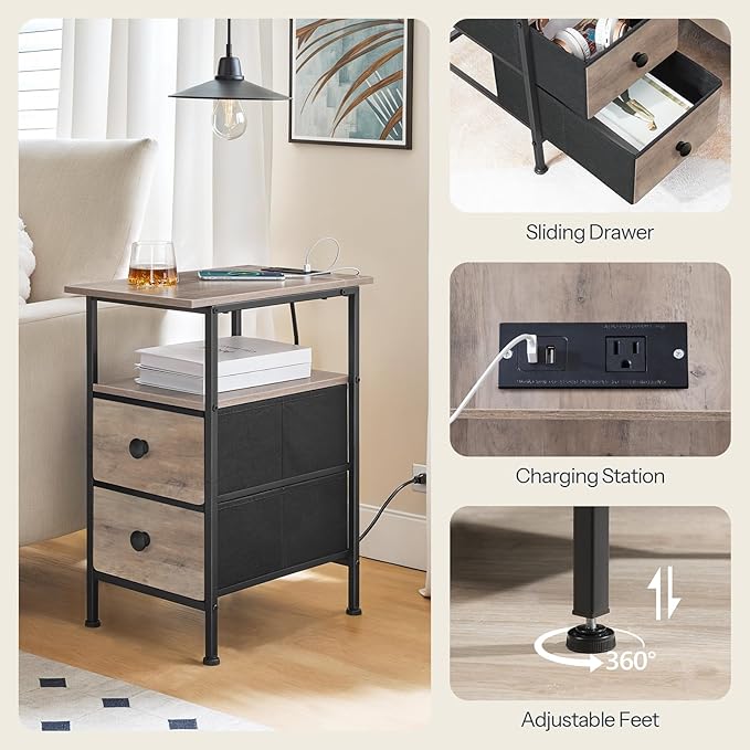 HOOBRO Narrow Side Table Set 2 with LED Light and USB C Port, Night Stand with Charging Station, Skinny End Table with 2 Fabric Drawers, for Bedroom, Living Room, Greige and Black BG486UDBZP201