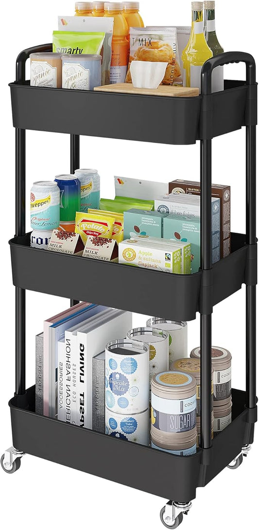 Laiensia 3-Tier Kitchen Storage Cart,Multifunction Utility Rolling Storage Organizer,Mobile Shelving Unit Cart with Lockable Wheels for Bathroom,Laundry,Living Room,With Classified Stickers,Black-NeatNest