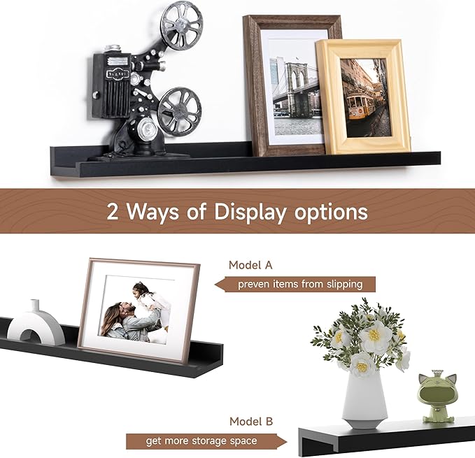 Fun Memories Picture Ledge Shelf, 24 Inch Floating Shelves Set of 2, Nursery Book Shelves for Toys Storage, Kids Bookshelf Wall Mounted for Wall Decor Books Photo Frames, Black-NeatNest