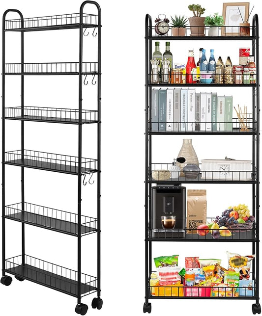 6 Tier Slim Storage Cart with Wheels Metal Rolling Organizer Utility Cart Narrow Mobile Shelving Unit Tiered Storage Shelf on Wheels for Kitchen Bathroom (Black, 6")